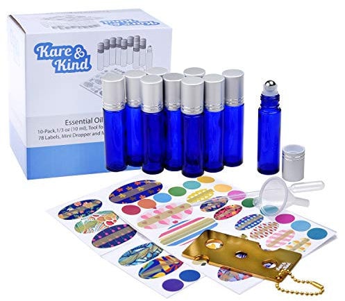 Kare & Kind Ätherisches Ölflaschen Set - 10x ätherische Ölflaschen (1/3 oz - 10 ml), 1x Werkzeug zum Öffnen/Versiegeln Flaschen, 78x Etikett, 1x Mini Pipette + 1x Mini Trichter (Kobaltblau)