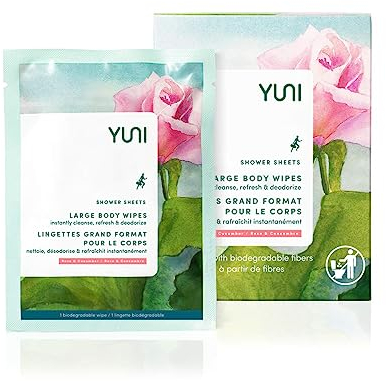 YUNI Beauty Large Body Wipes (Rose Cucumber, 12 Count) Soft Moist Showerless Wipes, Cleanse & Deodorize Waterless Travel Body Cleanser, Biodegradable Individually Wrapped Body Wipes for Camping or Gym