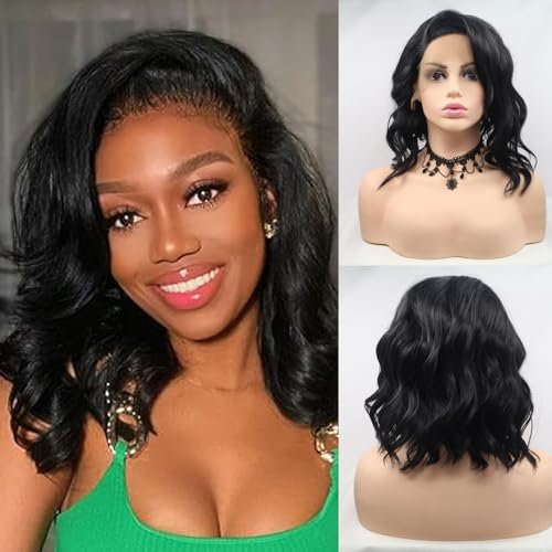 Xiweiya Short Black Curly Wave Mix Color Bob Wig with Side Part Synthetic Lace Front - Soft Wig Hair Replacement for Women, Drag Queen Makeup - 14 inch