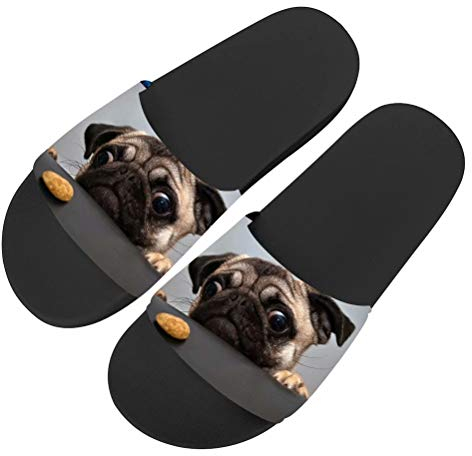 chaqlin Niedlicher Mops-Hundedruck Dusch und Badeschuhe,Sommer Slide Hausschuhe für Herren Damen Indoor Open Toe Sandalen Schuhe,39 EU