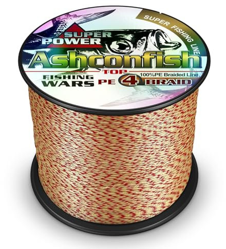 Ashconfish Farbecht geflochtene Angelschnur, 4 Stränge, geflochtene Schnur, farbecht, Abriebfest, kein Dehnen, Kleiner Durchmesser, 300 m, 6,8 kg, Rot und Gelb