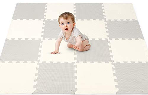 Hello-5ive Foam Play Mat for Baby Kids, Soft EVA Interlocking Puzzle Play Mat Tiles, Thick Playmats & Floor Gyms Indoor Outdoor Activity Center (Grey-Cream 16PCS)