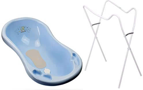 Baby Badewanne mit Gestell, Anti Rutsch Matte und Abflussschlauch (blau Giraffe, 3 tlg)