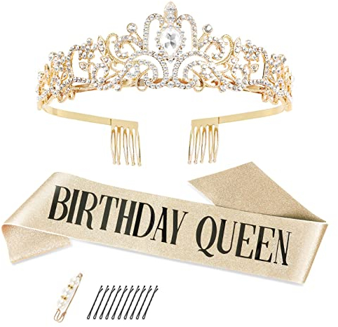 Makone Kronenkristall Tiara Geburtstagskrone Schärpe Geburtstagskrone Geburtstag Tiara Krone Frauen Mädchen Geburtstag Tiara für Dekorationen