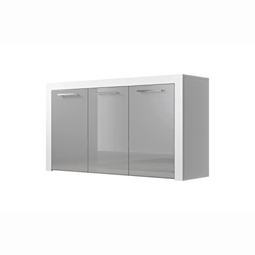MB Muebles Bonitos, Buffet Nelia pour Salon et Salle à Manger avec Poignées en Métal, Meuble en Mélamine Brillante, Couleur Blanc et Gris, 144x80x42 cm