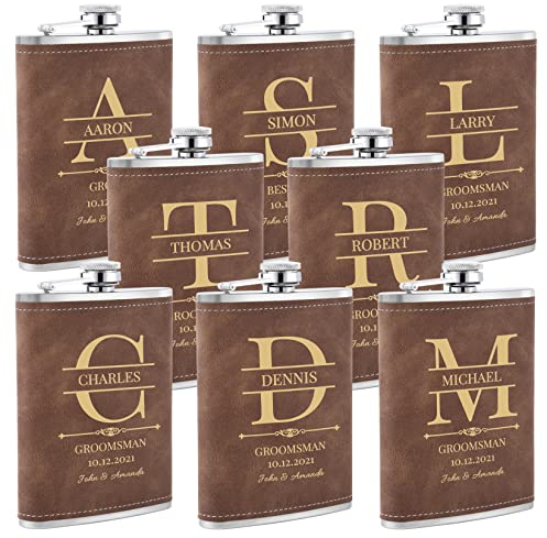 Flachmann mit Gravur, 8 Stück Personalisierte Flachmänner mit Eigenem Text für Trauzeugen Geschenk, Personalisierte Geschenke für Junggesellenabschied und Hochzeit (Braun)