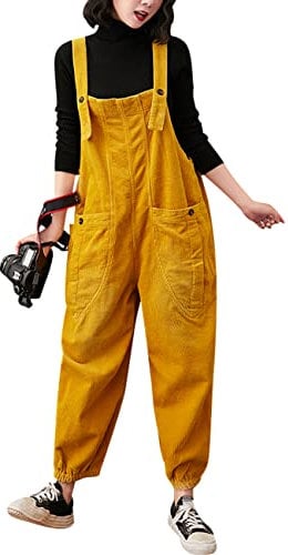Bigassets Donna Salopette di Velluto a Coste Casuale Tute Larghe con Tasche Yellow L