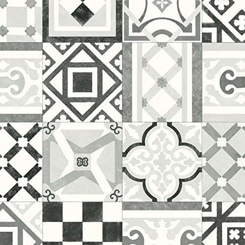 Patterned Magic Vinyl Flooring 2.8mm Realistic Foam Backed Lino Slip Resistant (Black & White Vintage Tiles, 2.5m x 4m)