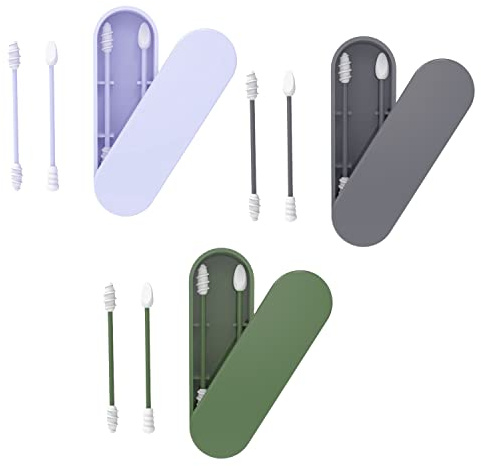3 boxes of silicone cotton sticks, double headed washable cotton swabs, reusable spiral cotton swabs, with storage box, for daily makeup and ear cleaning (gray, green, blue)