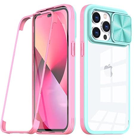 iPhone 13 Pro Max Case with Built-in Screen Protector & Slide Lens Cover, Military Grade Full Protective Phone Case Slim Soft TPU Bumper Clear Back Cover for iPhone 13 Pro Max 6.7, Sky Blue + Pink