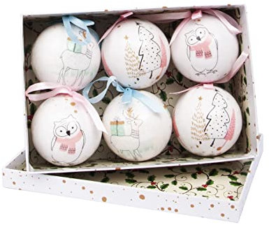 Ciao- Set 6 sfere decoupage ornamentali Merry Christmas Albero, Renna e Gufo (Ø 7,5 cm) con nastro in tessuto per albero di Natale in giftbox