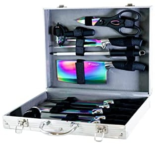 Pradel Excellence - Malette Coutellerie Essentiels 12 Pièces - 8 Couteaux + 1 Fusil d’Affûtage + 1 Fourchette + 1 Paire de Ciseaux + 1 Salière - Acier 3CR14, Revêtement Titane - Boîte Couleur