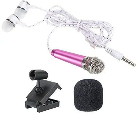 PATIKIL Mini Microphone Portable Vocal Microphone Rose Red for Voice Recording and Singing with Earphone, Mic Stand and Cover Pack of 1