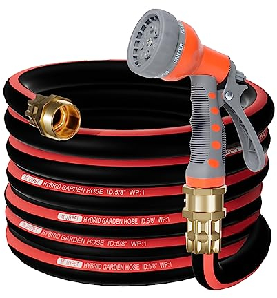 M JJYPET Gartenschlauch, 3.4 mx1.6 cm, robust, auslaufsicher, leichter Wasserschlauch, 1.9 cm massive Messing-Anschlüsse, 7 Funktionen, flexibler Hybridschlauch, Latex, flexibler Außenschlauch