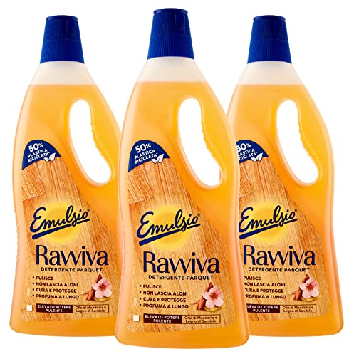Emulsio Ravviva Parquet Detergente per Pavimenti in Legno Formula con Olio di Mandorla Estratti di Legno di Sandalo Elevato Potere Pulente Azione Protettiva Profumo Lunga Durata - 3 Flaconi da 750ml