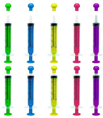 FINEASY 10 Pack 10ml Plastic Syringe with Cap, Colourful Syringe Reusable, Disposable Sterile Syringes for Scientific Labs Measuring Baby Medicine Dispensing Animal Feeding Plant Watering
