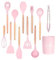 Intirilife Juego de 12 utensilios de cocina de silicona Rosa - 12.5 x 32.5 cm - Cubiertos de cocina antiadherentes y resistentes al calor con cuchara, pinzas, batidor, espátula, pincel