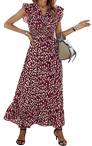ASOMI Damen Kleider Langes Blumen: Hochzeit Strandkleid Boho Sommerkleid Lässig Wickelkleid Elegant Cocktailkleid Partykleid Swing V-Ausschnitt Kurz Flügelärmel Rüschen Maxikleid 23Weinrot S