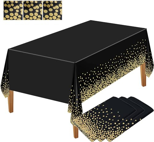 3 Packung Party Tischdecke Kunststoff Tischdecke goldene Punkte Konfetti Einweg Tischdecke rechteckige Party Tischdecke für Picknick Babyparty Geburtstag,Schwarz und Gold,137 x 274 cm