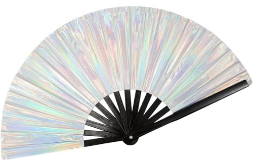 Laser Rave Folding Hand Fan,Silver Large Festival Fan,PVC Laser Film,Christmas Day,Halloween,Drag Queen,Stage Photography Props Dance Fan Rave Festival Accessories Kung Fu Folding Fan