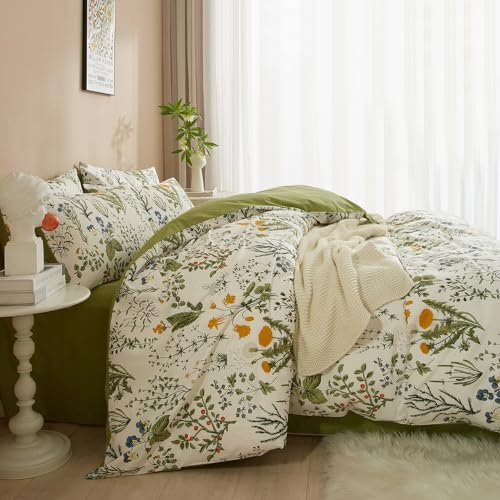 Luofanfei Renforce Bettwäsche Baumwolle 135x200 Grün Weiß Bunt Blumen Sommer Bettwäsche Set Pflanzen Frühling Blätter Floral Bettbezug Einzelbett und 1 Kissenbezug 80x80 cm Weich und Bügelfrei