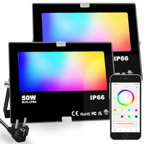 HEKEE Rgb Led Strahler Außen, Farbwechsel 50W, DIY-Blitzmodus, RGBW Led Fluter, Timer, Bluetooth IP66 wasserdicht