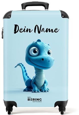NoBoringSuitcases.com Kinderkoffer, Reisekoffer Personalisiert, Kinderkoffer Jungen, Koffer Kinder, Kinder Reisekoffer, Kabinenkoffer, Trolley, Handgepäck Koffer 55x40x20 cm (Dino - Aqua-Blau)