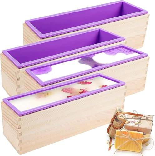 4PCS Flexible Rectangular Soap Silicone Mold with Wood Box DIY Tool for Soap Cake Making 42oz (Purple)