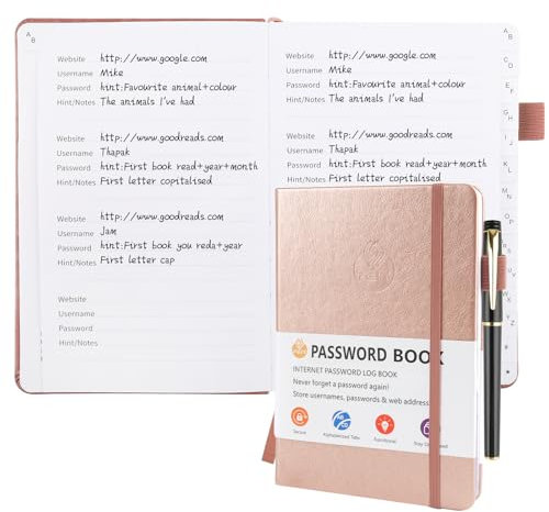 Deepton Passwort Buch, Passwortbuch mit Register A-Z, Password Book mit Adressbuch, Notizbuch mit Register, Passwortbuch mit Innentasche, Telefonbuch mit Register, Passwort Manager - Rosa