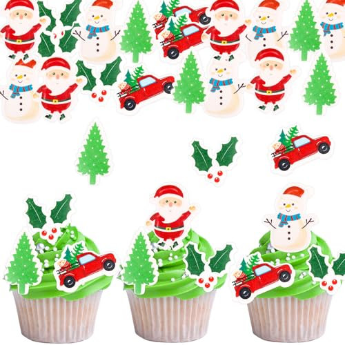 ENLACE Essbare Tortendeko Weihnachten,48 Stück Cupcake Topper Weihnachten,Kuchen Deko Weihnachten Essbar,Essbare Weihnachtsdeko Torte,Esspapier Weihnachten Muffin Deko Essbar,Christmas Cake Decoration