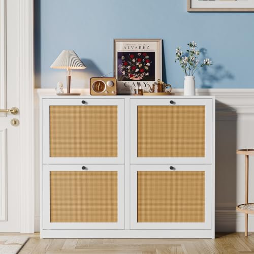 Yvsevnr Rattan Schuhkipper mit 4 Klappen, Schuhkommode Flur Schmal, Natürliches Rattan Schuhschrank Schmal für Flur, Diele, Eingang, 16-24 Paar Schuhe,102 x 23 x 84 cm