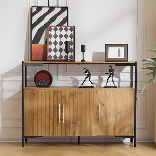 BTM Buffet de Cusine, Buffet 120cm en Bois avec 3 Portes, Compartiemnt Ouvert et Étagères Réglables, Meuble de Rangement, Design Industriel, 120x35x90cm, Brun