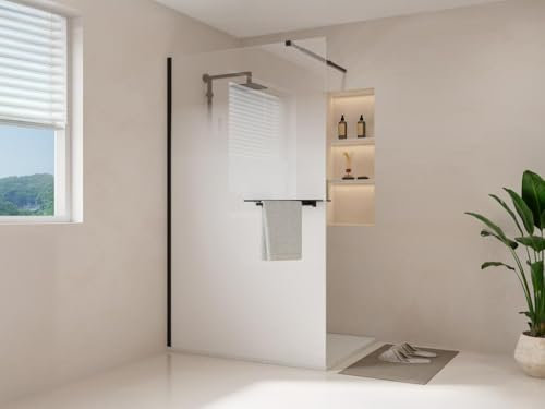 Vente-unique - Paroi de douche à l'italienne brume avec porte serviette et étagères - 120 x 200 cm - Noir mat - POMARO