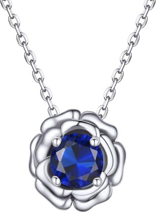 FOCALOOK Collier Femme Rose en Argent 925 Serti de Pierre de Naissance de Septembre, Chaîne avec Pendentif Orné de Saphir Bleu d'Imitation