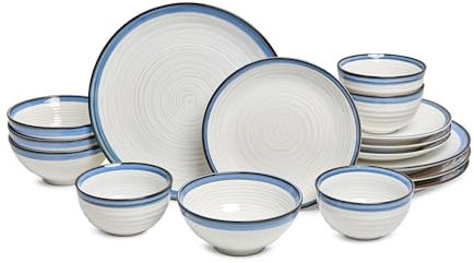 Sango Siterra Santorini Geschirrset aus weißem Steingut, Set für 4 Personen, Teller und Schüsseln, rustikales Weiß mit reaktiver blauer Glasur, für das tägliche Essen und Unterhaltung, mikrowellen