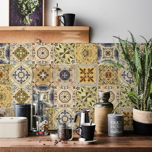 24pcs Morocco Tile Stickers 20x20cm for Kitchen Bathroom Vintage Waterproof Oil Proof DIY Stick on Tiles Self Adhesive Floor Vinyl Wall Stickers