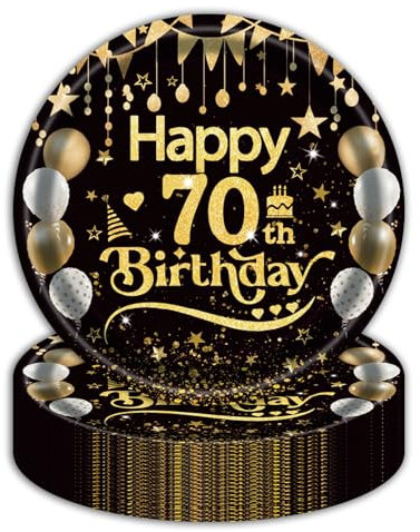 EVYIENEN 50Pcs Black and Gold 70th Birthday Paper Plates,9inch Happy Birthday Disposable Paper Plates Party Decorations for Man Women 70th Party Supplies