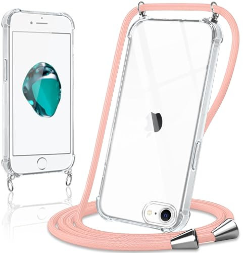 Coiwxmoi Handyband Handyhülle für iPhone 7/8/SE2020/2022 Hülle mit Band 4,7,Transparent Case mit Kette Abnehmbar zum Umhängen Kordel Schutzhülle,Weich Silikon Stoßfest Cover für iPhone 8,Roségold
