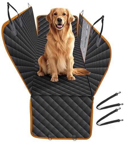 SUPERWSLING Hundedecke Auto Rückbank mit Seitenschutz und Netzfenster, Wasserfeste Hundedecke für den Rücksitz, Sicherheitsgurte und Kofferraumschutz für Hunde - Orange