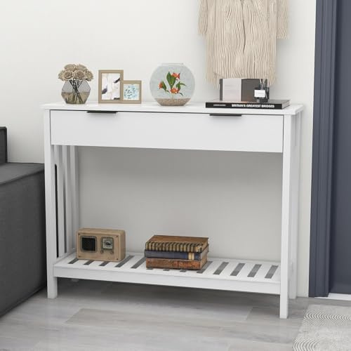 UYIHOME Konsolentisch schmal, Holz, mit Ablage, 30x100x75,5, Weiß | 2 Schubladen, offene & geschlossene Fächer, mit Bodenfach, einfache Montage. Für Flur, Wohnzimmer, Eingang.