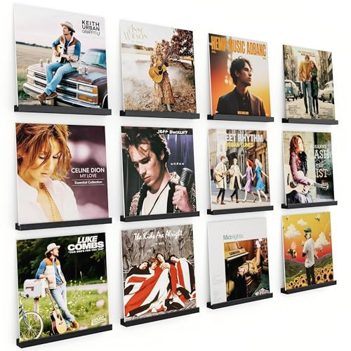 Emfogoo 12 Pièces Porte-disques Mural en Bois, Rétro Supports Muraux pour 12 Vinyles, Porte-disques Mural pour Salon de Décoration, Affichage et Stockage, Collections (Noir)