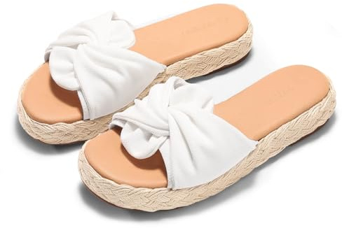 Coutgo Alpargatas de plataforma para mujer, con puntera abierta, sin cordones, para verano, playa, Blanco, 7