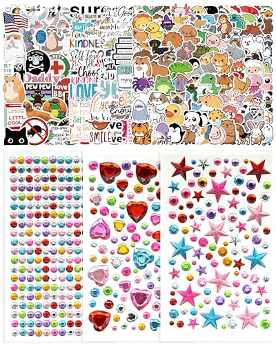 Meafeng Laptop Sticker, Cute Board Aufkleber Set, 200 Stück Dekorative Vinyl Aufkleber mit 478 Stück Strasssteinen für Laptops, Skateboard, Scrapbooking, Fotoalben, zum Personalisieren