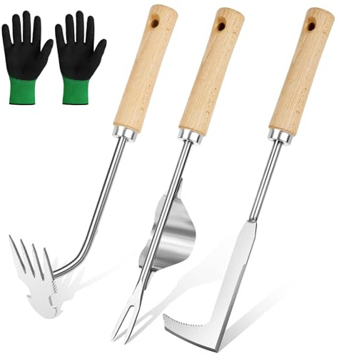 Adiwo 4 Stück Unkraut Entferner Gerät Edelstahl, Gartenarbeit Hand Unkrautstecher, Unkrautstecher mit Gezackter Kante, Unkrautjäter, Unkrautmesser mit Ergonomischer Griff, Entwurzelungswerkzeug