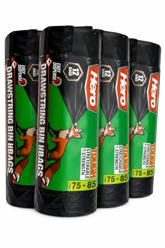 Hero Drawstring Strong Black Bin Bags, 75-85 Litre Fox Proof Heavy Duty & Stretchy Refuse Sacks, Embossed for extra strength, Interleaved no perforations, Recycled and Tear Resistant - Roll of 12 (4)