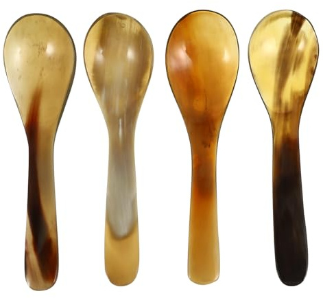 UKCOCO 4pcs Ox Horn Coffee Spoon, Cake Dessert Stirring Spoons, Smooth Grinding Multi-Purpose Flatware, Unique Coffee Scoops for Home Kitchen, Bamboo Teaspoons Style