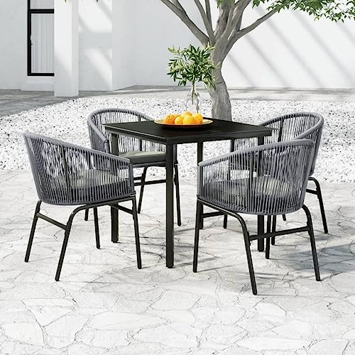 Hoopleep 5-TLG. Garten-Essgruppe Grau für Terrasse und Outdoor, pulverbeschichteter Stahlrahmen mit Glastisch, 4 PVC-Rattan Stühle inklusive Polster, Robustes Esszimmer Set für 4 Personen