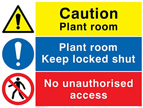 Viking Signs CV5295-A5L-1M Caution Plant Room, Plant Room Keep Locked Shut, No Unauthorised Access Sign, 1 mm Plastic Semi-Rigid, 200 mm H x 150 mm W