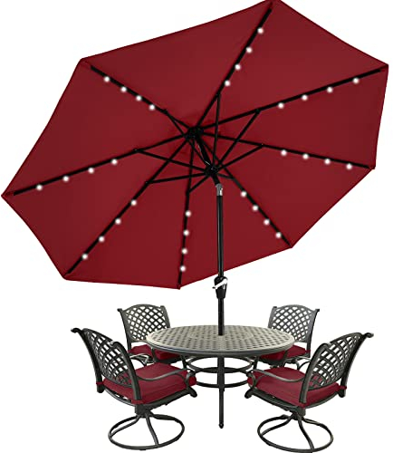 MasterCanopy 270 cm Sonnenschirm neigungsverstellbar, mit 32 Solar-LED, 8 Rippen und Kurbel, für Patio, Garten, Terrasse, Markt, Burgund