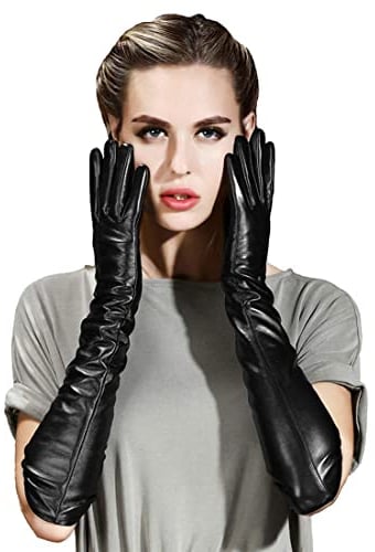 QECEPEI Damen lange Lederhandschuhe, Winter, Touchscreen-Oper, Abendkleid, Fahrerhandschuhe - Schwarz - Mittel